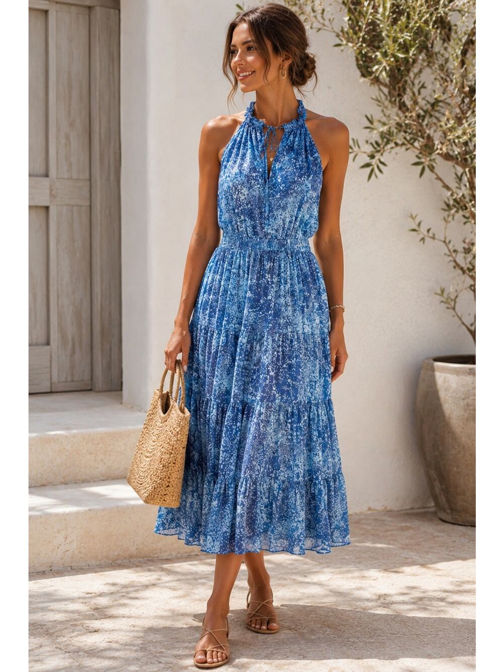 Gilner Farrar Blue Abstract Halter Midi Dress XS Resort Vacation Boho